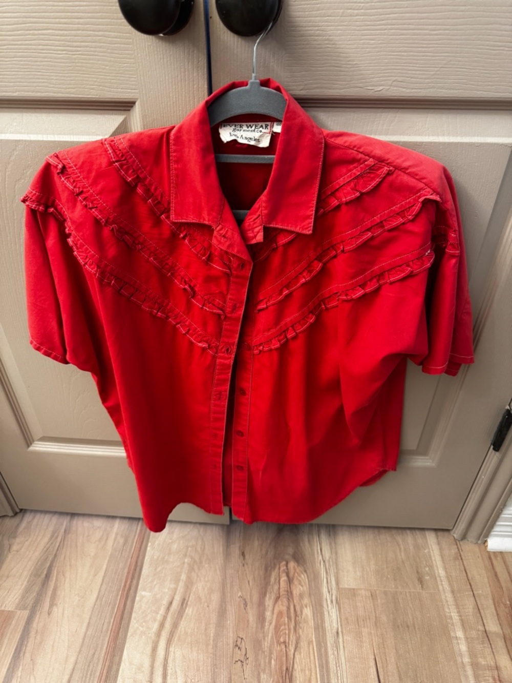 Red Ruffle-Trim Button Front Women's Top